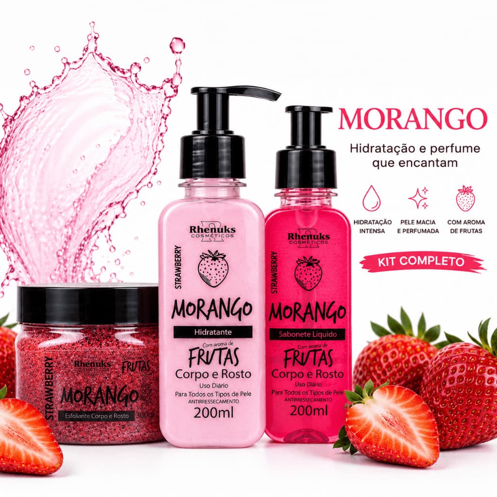 Kit Presente 3 Itens Morango Sabonete Líquido Hidratante Esfoliante Rhenuks