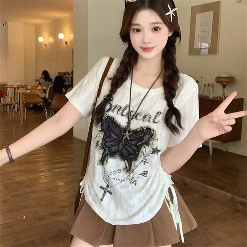 Tamanho grande reduzindo a idade borboleta remendo americano de manga curta camiseta feminina verão gordura mm mais magr