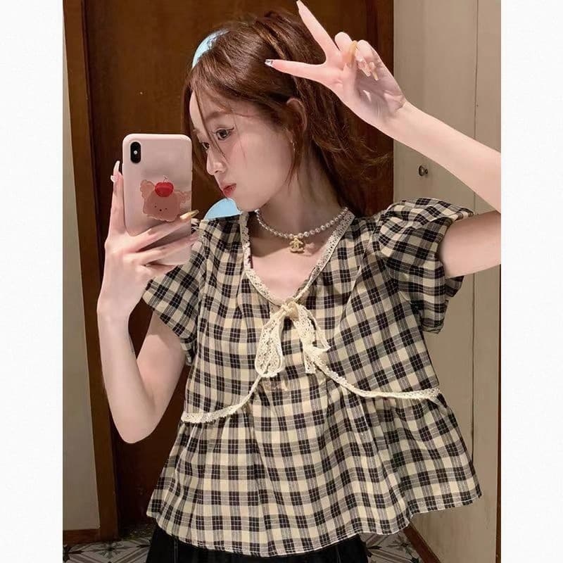 Moda verão pequena camisa novo estilo versão coreana Retro xadrez bolha renda doce renda boneca camisa roupas superiores