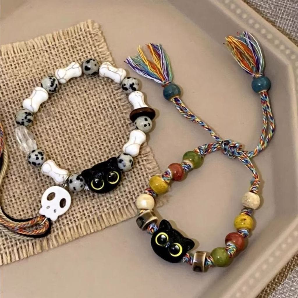 pulseira feminina pulseira Jingdezhen artesanal cerâmica crânio gato trançado pulseira estilo étnico nicho Design estuda