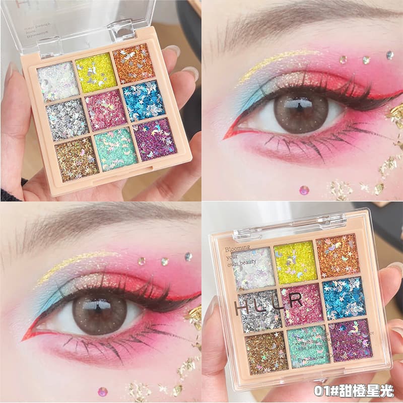 Novo estilo paleta de sombras de nove cores brilhando Gel sem cola Glitter estudante desempenho palco maquiagem estrela