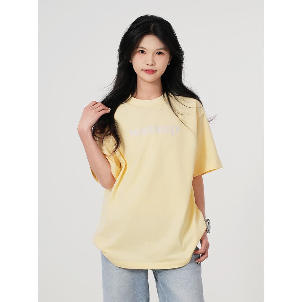 WASSUP Street Wear Carta logotipo impresso camiseta de manga curta feminina verão solto All-Match pesado puro algodão Ha
