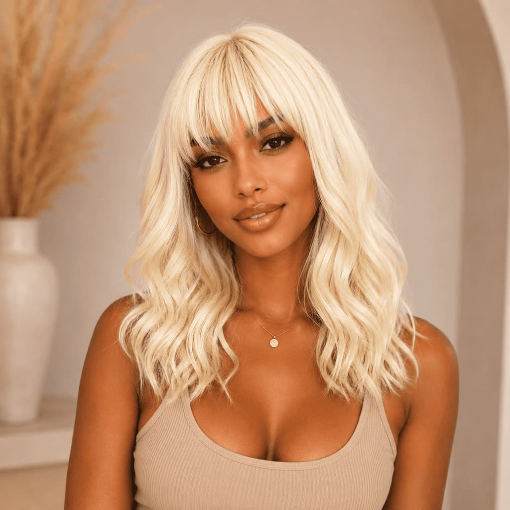 Peruca Orgânica Ondulada Com Franja Fibra Premium Lindíssima Top Hair MILA-613A