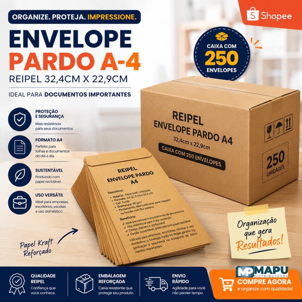 Caixa Com 250 Envelope Pardo A-4 - Reipel 32,4cm X 22,9cm