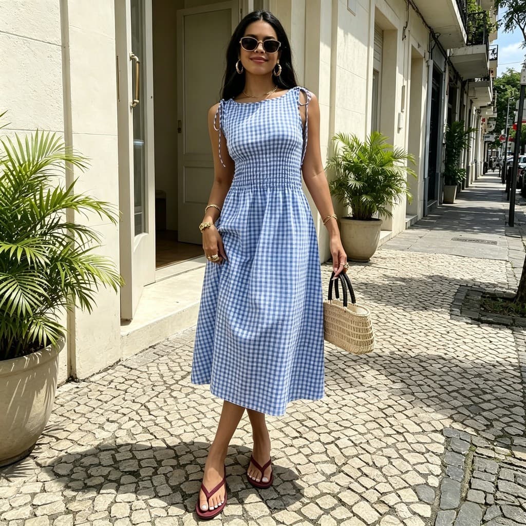 Vestido Feminino Midi Xadrez de Tecido Leve para Verão e Fim de Semana 002523