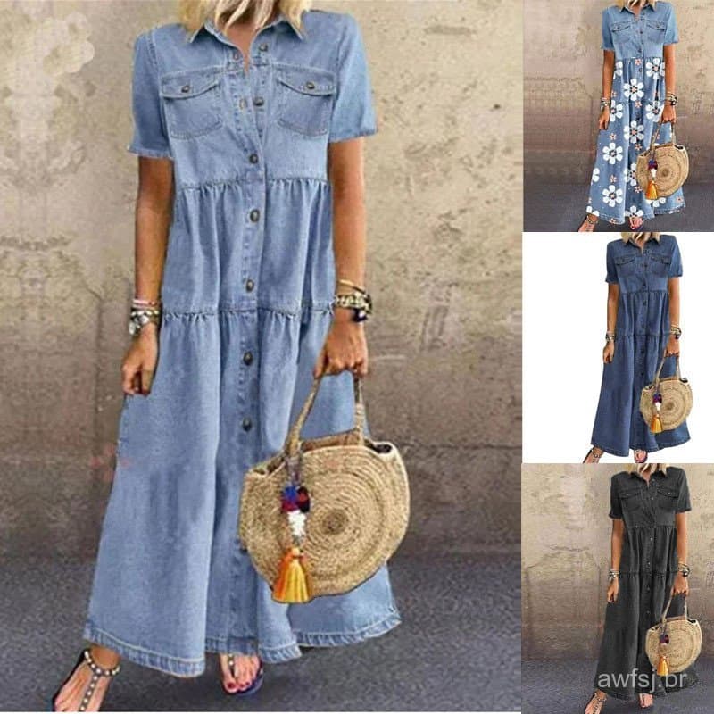 2024 Novo Estilo de Vestido de Ganga Estilo Denim Longo Multi-Button Distressed Dress