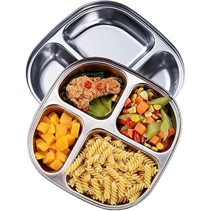 Conjunto De 2 Pratos Divididos Retangulares De Aço Inoxidável Bandeja De Jantar De 5 Seções Para Adultos-Prato De Metal