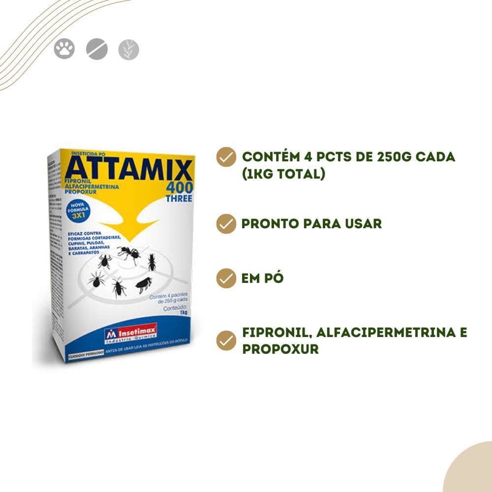 Attamix Pó 400 Three 1Kg Ótimo no Controle de Formigas Cupins Pulgas Baratas Aranhas Carrapatos