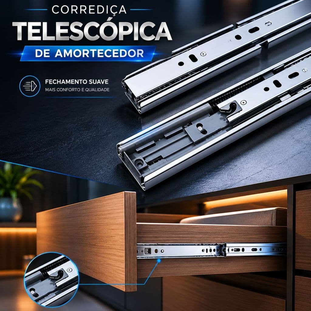 Corrediça Com Amortecedor 30cm Soft Closing para Gavetas