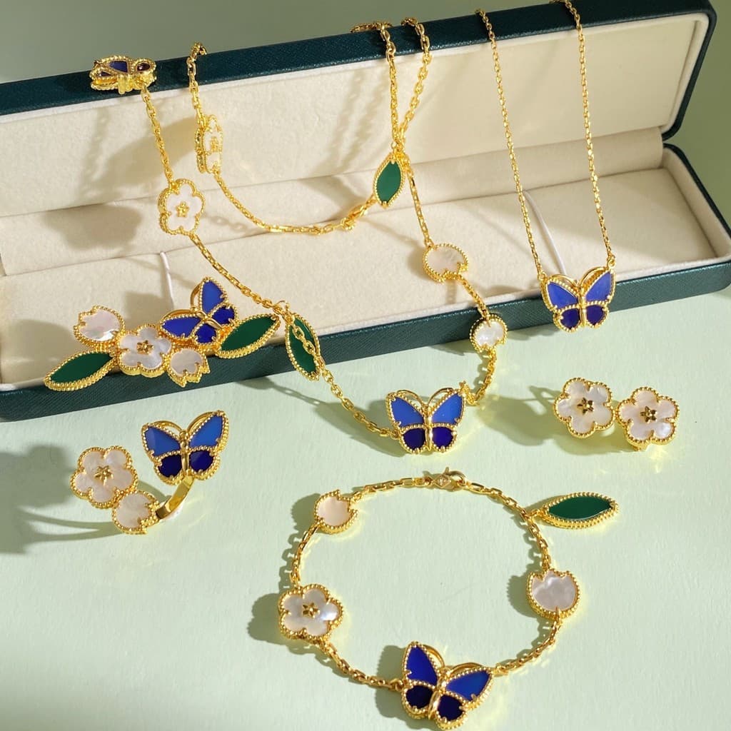 RODREASON Mulheres Luxo Borboleta Flor Conjunto De Jóias Azul Verde Contraste Cor Elegante Anel Orelha Broche Pulseira S