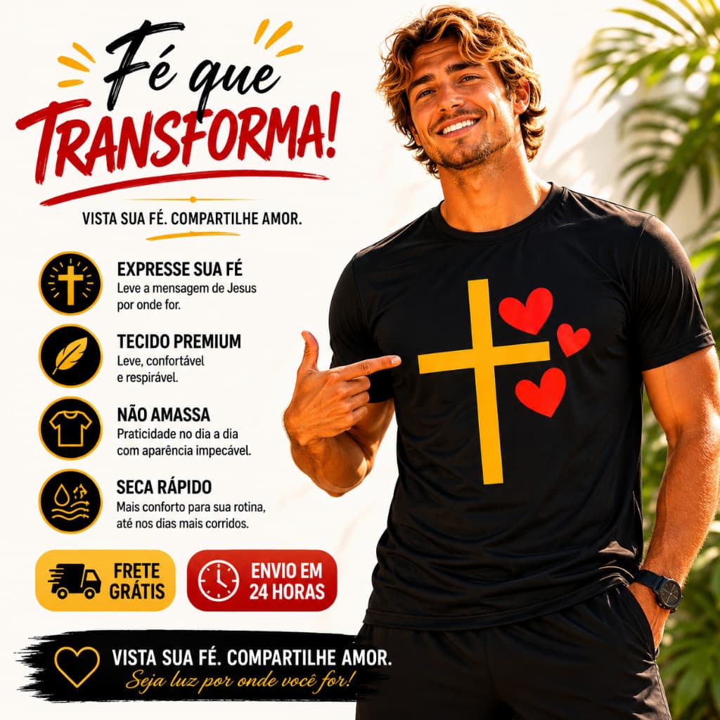 Camiseta Poliéster Cristã Cruz Masculina e Feminina Confortável e Macia