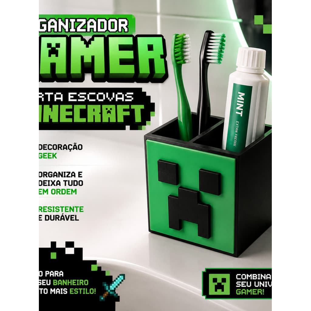 Porta Escovas Minecraft Organizador Gamer Suporte Escova De Dente Geek Decoração Banheiro Infantil Porta Creme Dental Es