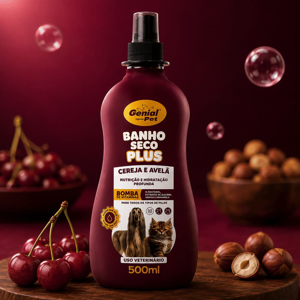 Banho a Seco Plus Spray Sem Enxágue para Cachorro e Gato 500ml Cereja e Avelã Genial Pets