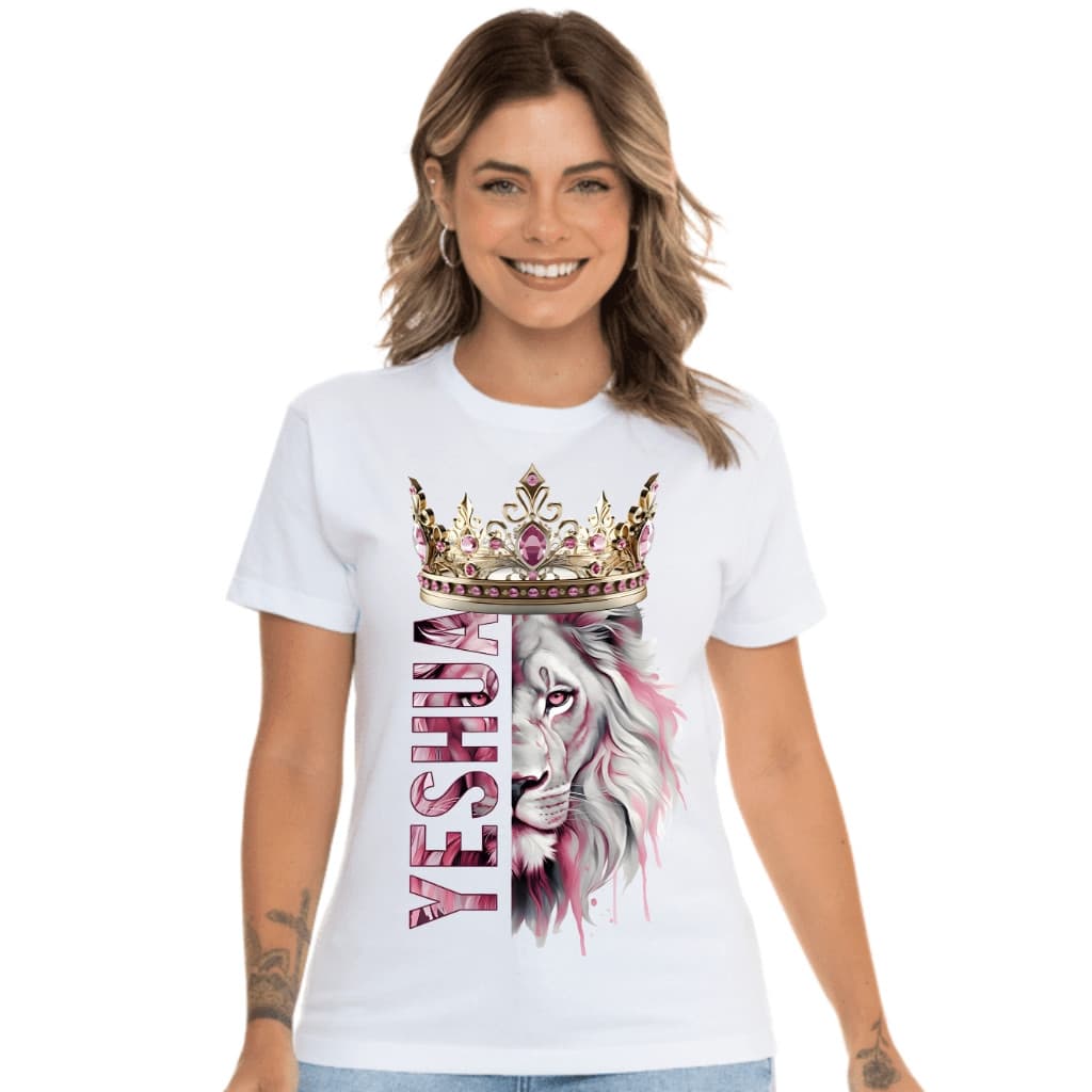 Camiseta Cristã FEMININA LEÃO YESHUA ROSA camiseta camisa blusa tshirt evangelica gospel