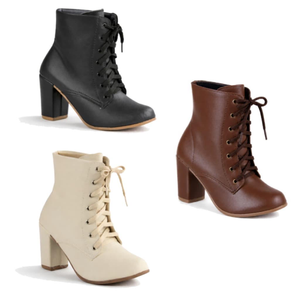 Kit 3 Botas Coturno Feminino Salto Alto Moda Blogueira Elegante Macia Off-White, Café e Preto