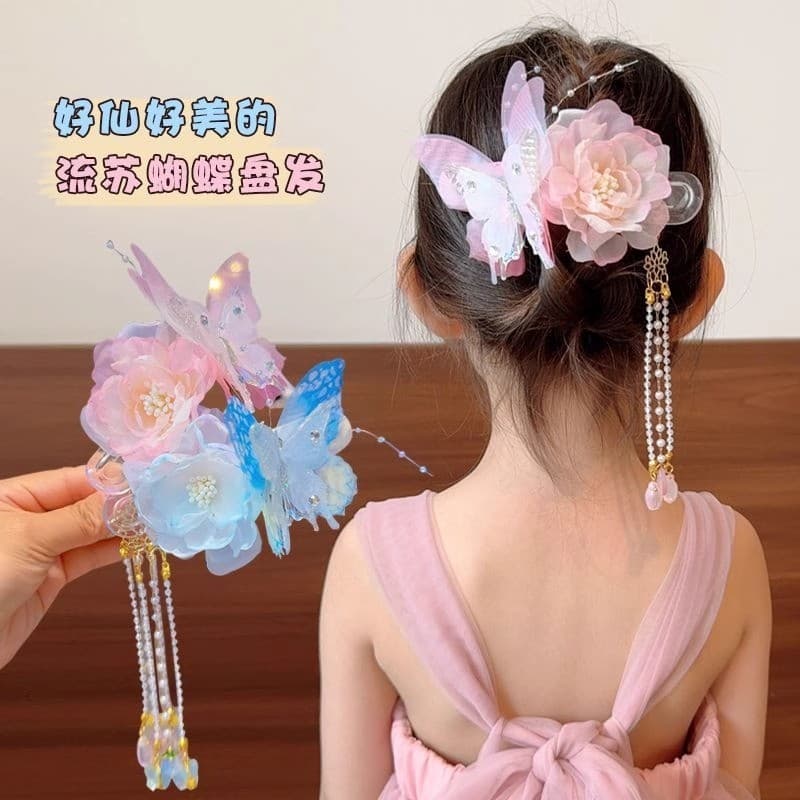 Crianças antigo flor borboleta hairpin meninas cabeça traseira grampo de cabelo High-End Hanfu borla hairpin Headdress