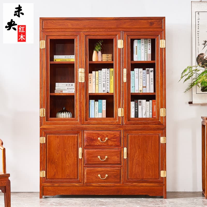 Móveis de mogno jacarandá africano novo estilo chinês estante de três portas ouriço vermelho sândalo armário de estudo d