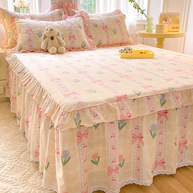 Versão coreana estilo princesa saia de cama de algodão puro 1.8m colcha algodão folha de lótus renda lençol fronha conju