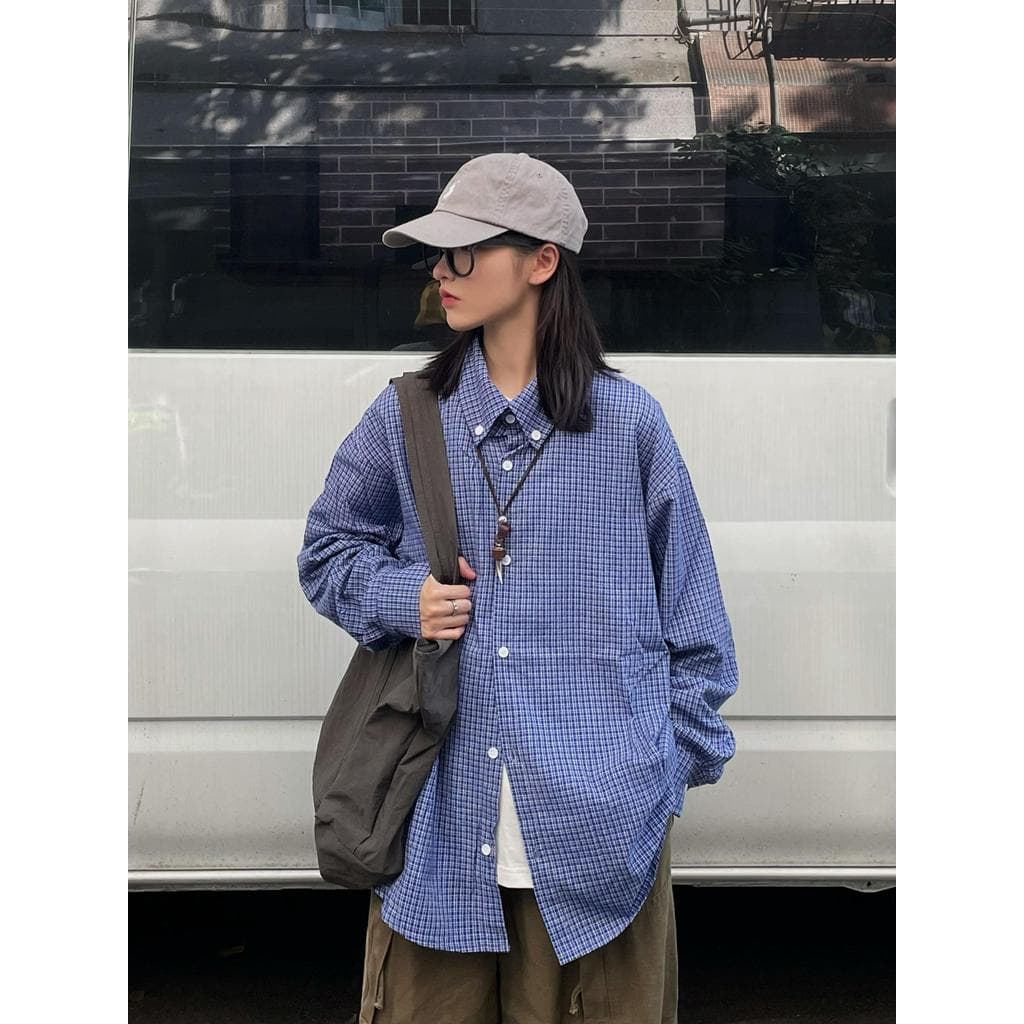 A Little Yang 24aw Japonês Retro Azul Xadrez Lapela Camisa de Manga Comprida Homens Mulheres Soltas All-Match Top Básico
