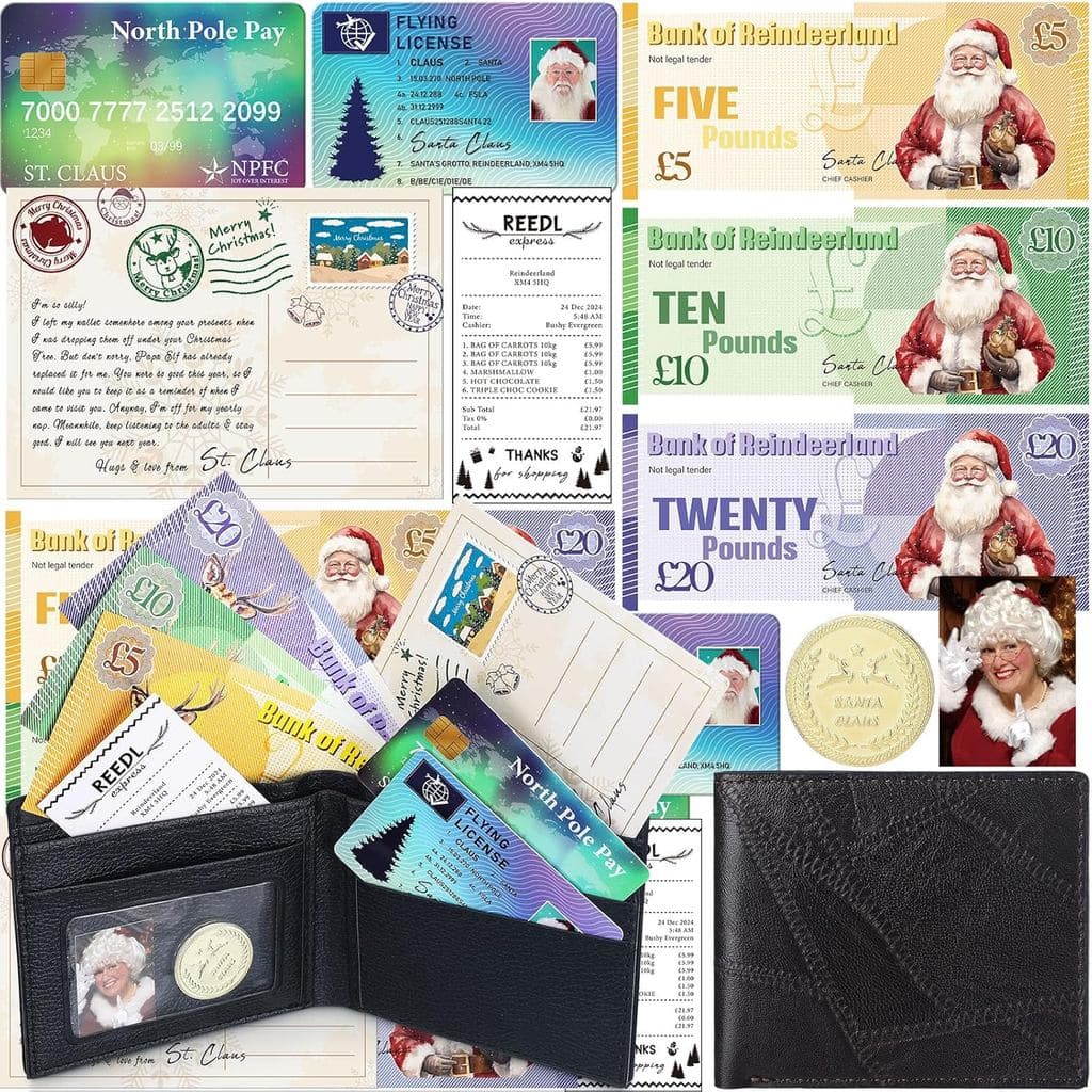 Carteira Perdida do Papai Noel com Conteúdo, Kit de Evidências do Papai Noel, Carteira de Identificação Perdida, Botão P