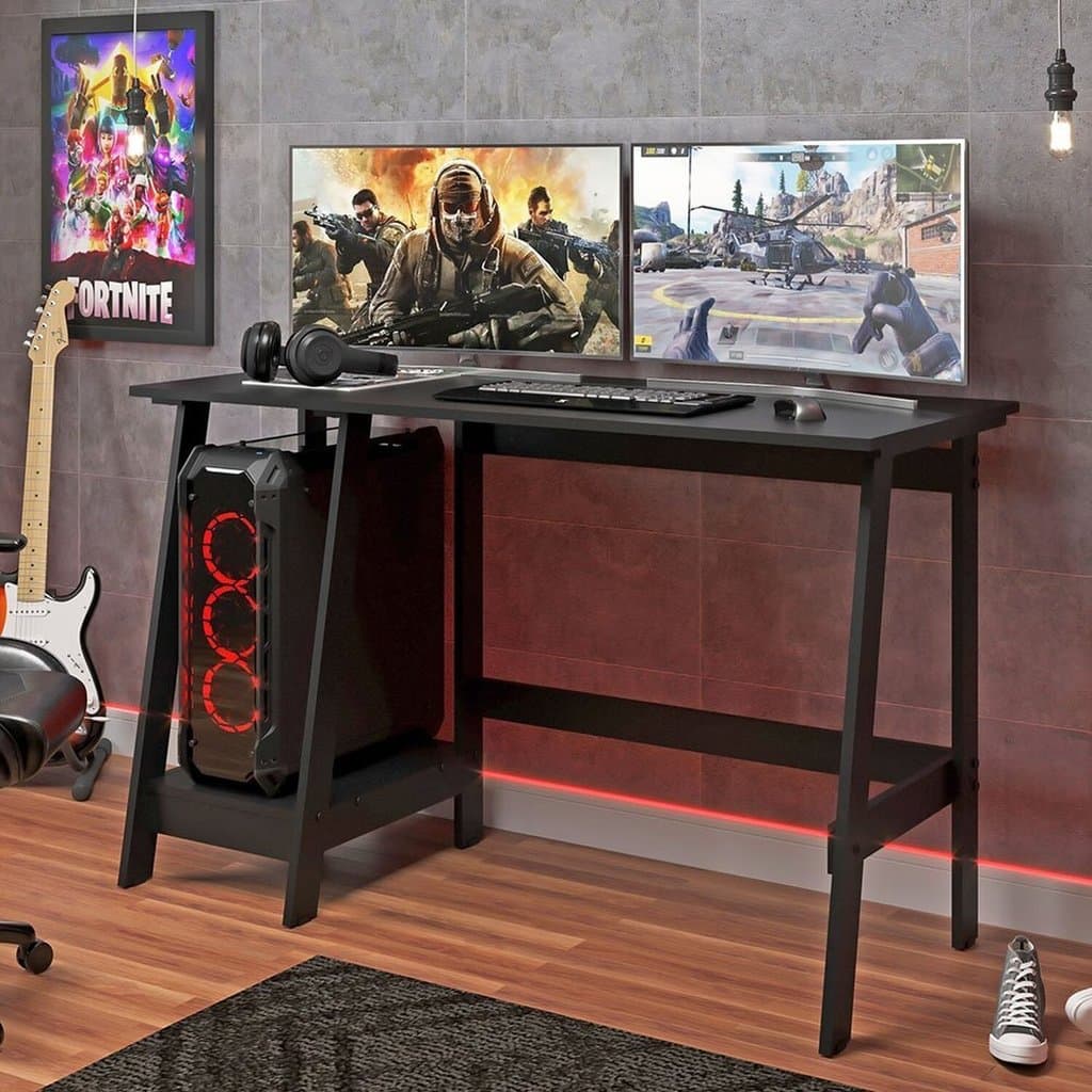 Mesa Escrivaninha Escritório Gamer com Espaço p/ CPU 120cm x 74cm Preto