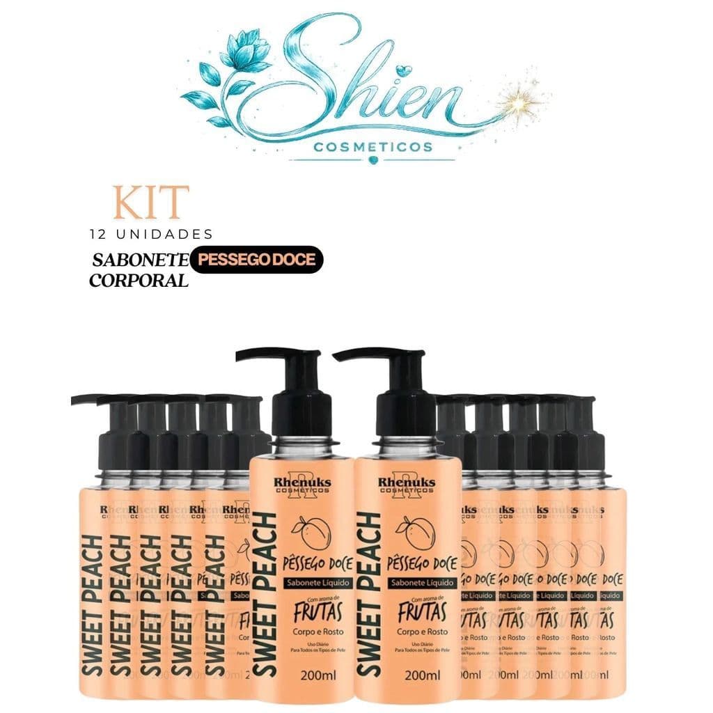 Kit 12 Sabonete Liquido Frutas Corpo e Rosto Pessego 200ml Rhenuks (Afilhado)