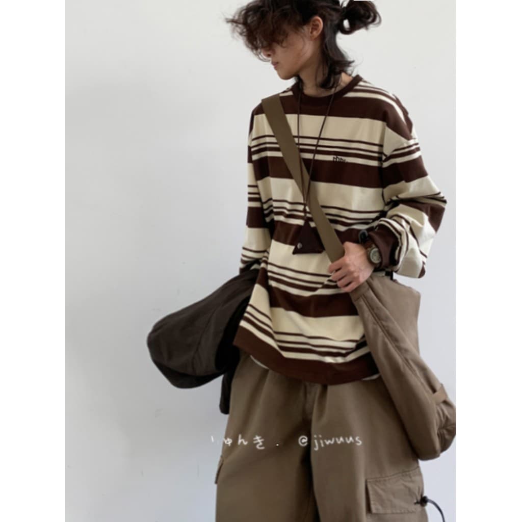 2026 japonês Retro pulôver casal moletom estilo Preppy masculino feminino Casual solto listrado de manga comprida Bottom