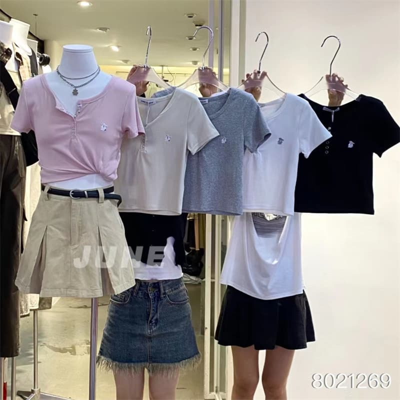 Junho puro desejo máquina cuidadosa único Breasted coelho bordado camiseta manga curta em torno do pescoço cor sólida pe