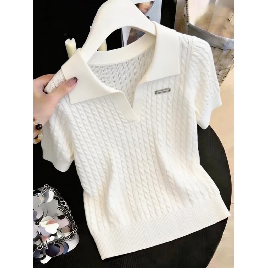 [40-100kg] Suéter feminino de manga curta com gola Polo estilo Casual, solto e mais fino, combinando com vermelho idade