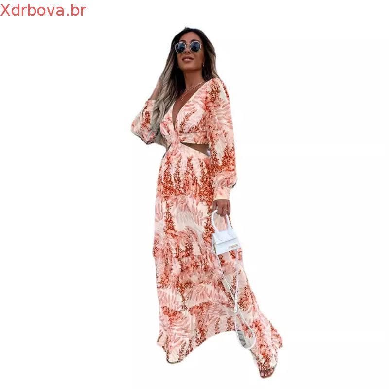 Vestido longo estampado com decote em V e manga comprida temperamento