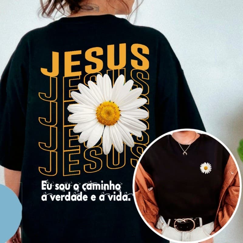 Camiseta Feminina Oversized Estampa Cristã Gospel Fé Jesus Cristo Cruz Flor Girasol Preta