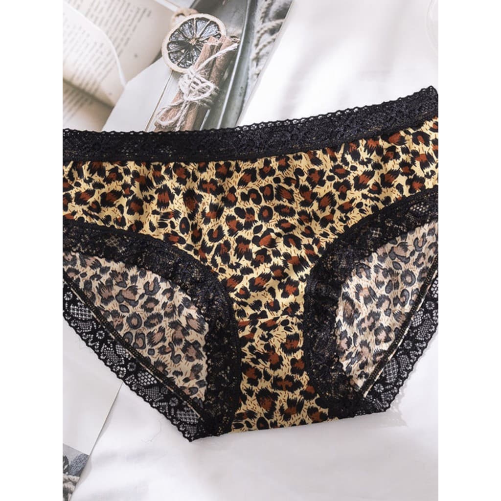 Calcinha feminina com estampa de leopardo, malha de renda de seda gelada, sem costura, respirável, oco, estilo fino, ver