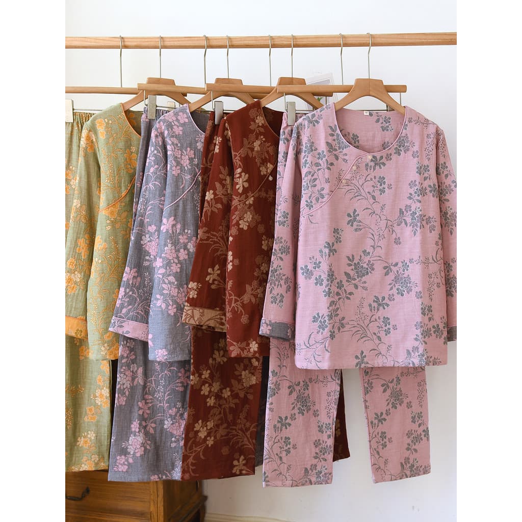 Algodão fio-tingido Jacquard estilo chinês calças de manga comprida pijamas feminino quatro estações fino em torno do pe