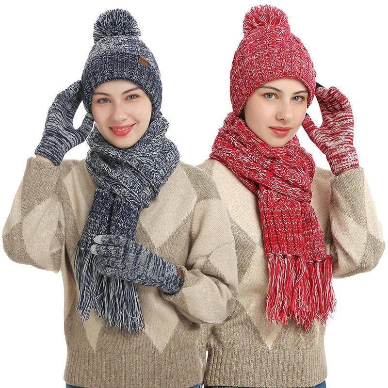 Mulheres Inverno Manter Quente Conjunto Forro De Lã Gorro Telefingers Luvas Engrossar Cachecol Fio Malha Silenciador Cha