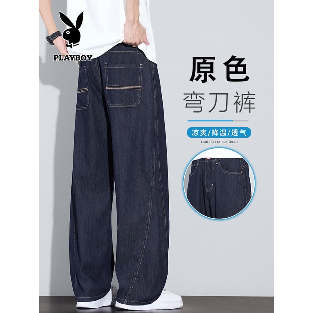 Playboy Tencel Machete Jeans Homens Verão Estilo Fino Street Wear Americano Solto Reto Calças Casuais de Perna Larga