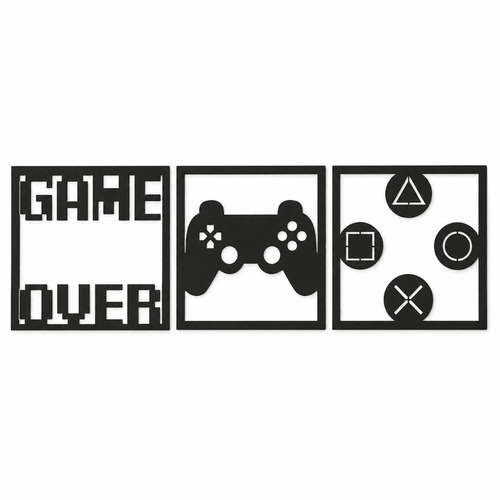 Quadros Decorativos Gamer Kit 3 Peças MDF Preto 3mm Para Parede Quarto Sala Controle Game Over 30x30 15x15