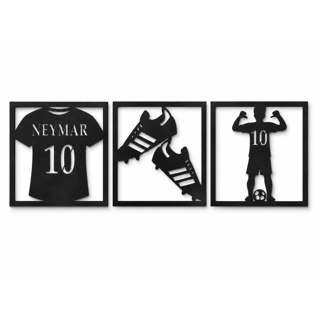Quadros Decorativos Futebol Camisa 10 Kit 3 Peças MDF Preto 3mm Para Quarto Sala Área Gamer Parede