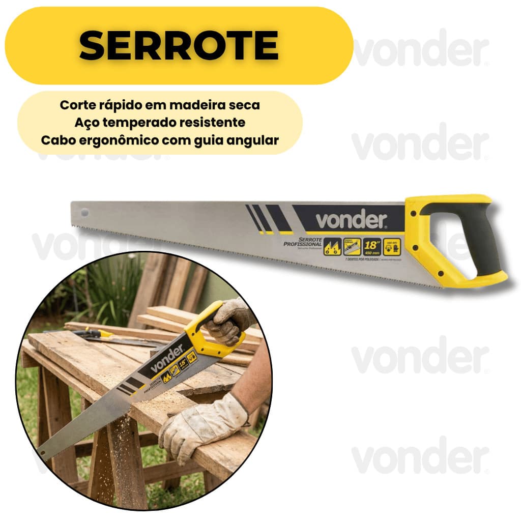 Serrote Profissional 18 Pol Aço Temperado Para Madeira Cabo Ergonômico Vonder Construção Top