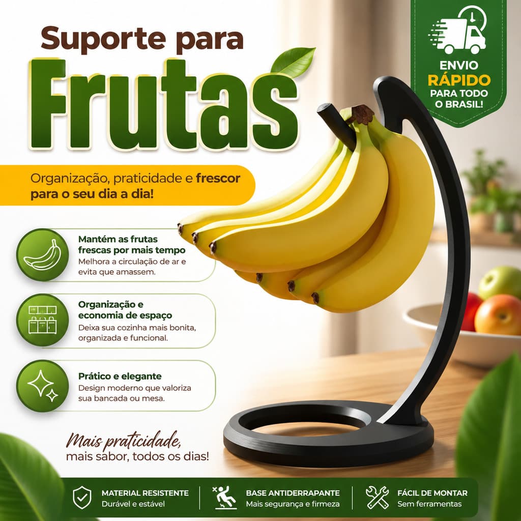 Suporte Mesa Fruteira Gancho para Pendurar Bananas Multiuso Preto Fruteira Alta