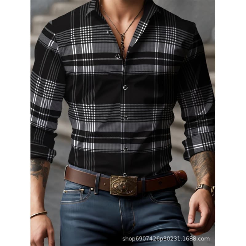 Novo Casual All-Match moda padrão camisa de manga comprida masculina
