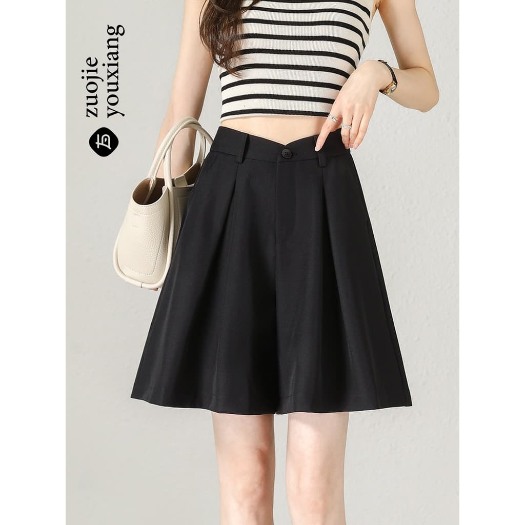 Preto terno Shorts feminino verão fino cintura alta Casual mais magro olhar pequena linha a gelo seda perna larga calças