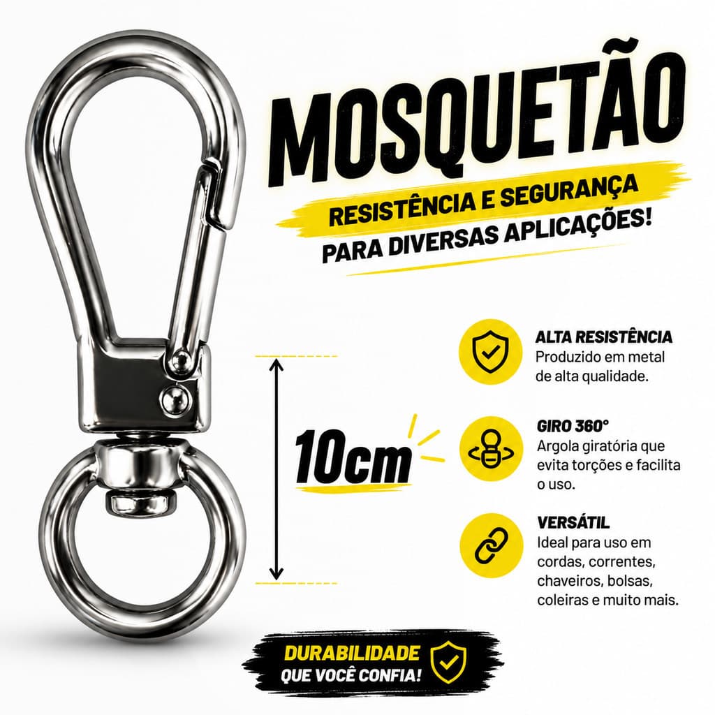Mosquetão Aço Inox Profissional Engate Rápido suporta 280 Kg reforçado