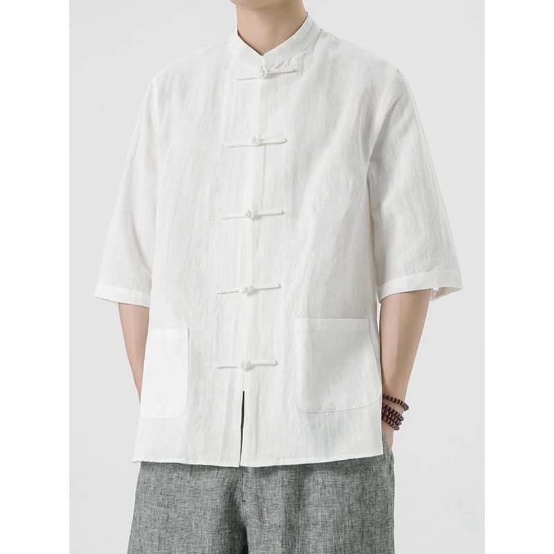 Verão estilo chinês algodão linho camisa de manga curta masculina novo estilo chinês linho Tang terno Hanfu abotoado mei