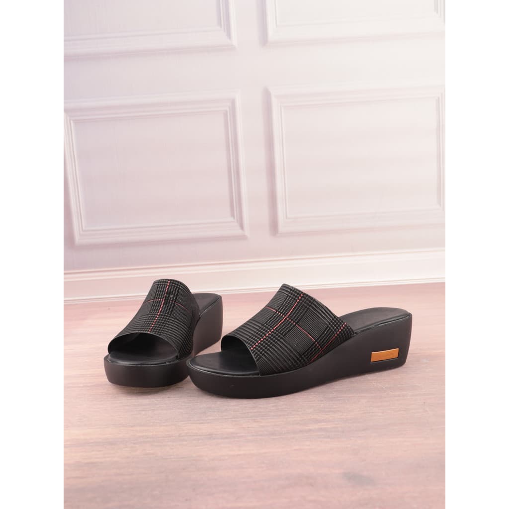 Cor combinando xadrez cunha salto grosso-sola aberta-Toe capa pés sapatos femininos simples confortável exterior usar sa