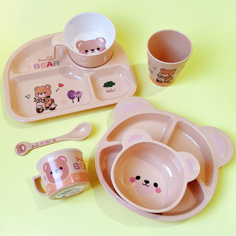 Hill Bear Tigela para bebês, compartimento para prato de jantar infantil, colher de desenho animado, jardim de infância,