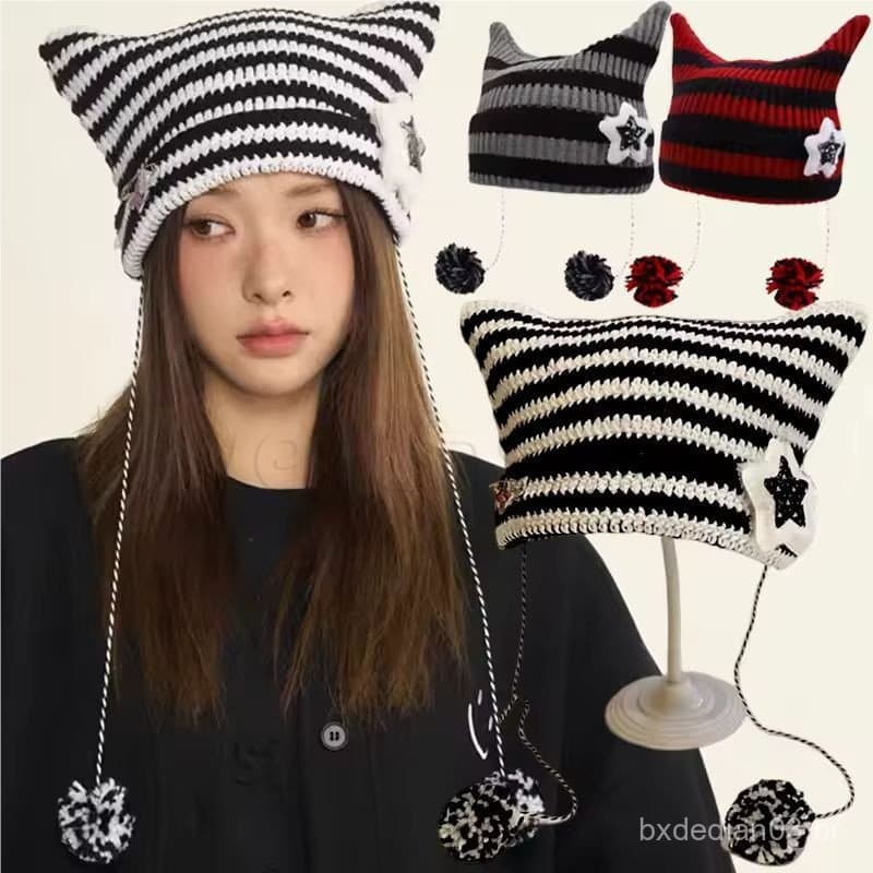 Estilo Y2K , Simples , Moderno – Lindos Chapéus De Malha Quente Com Orelhas De Gato Boné De Proteção De Orelha Da Moda I