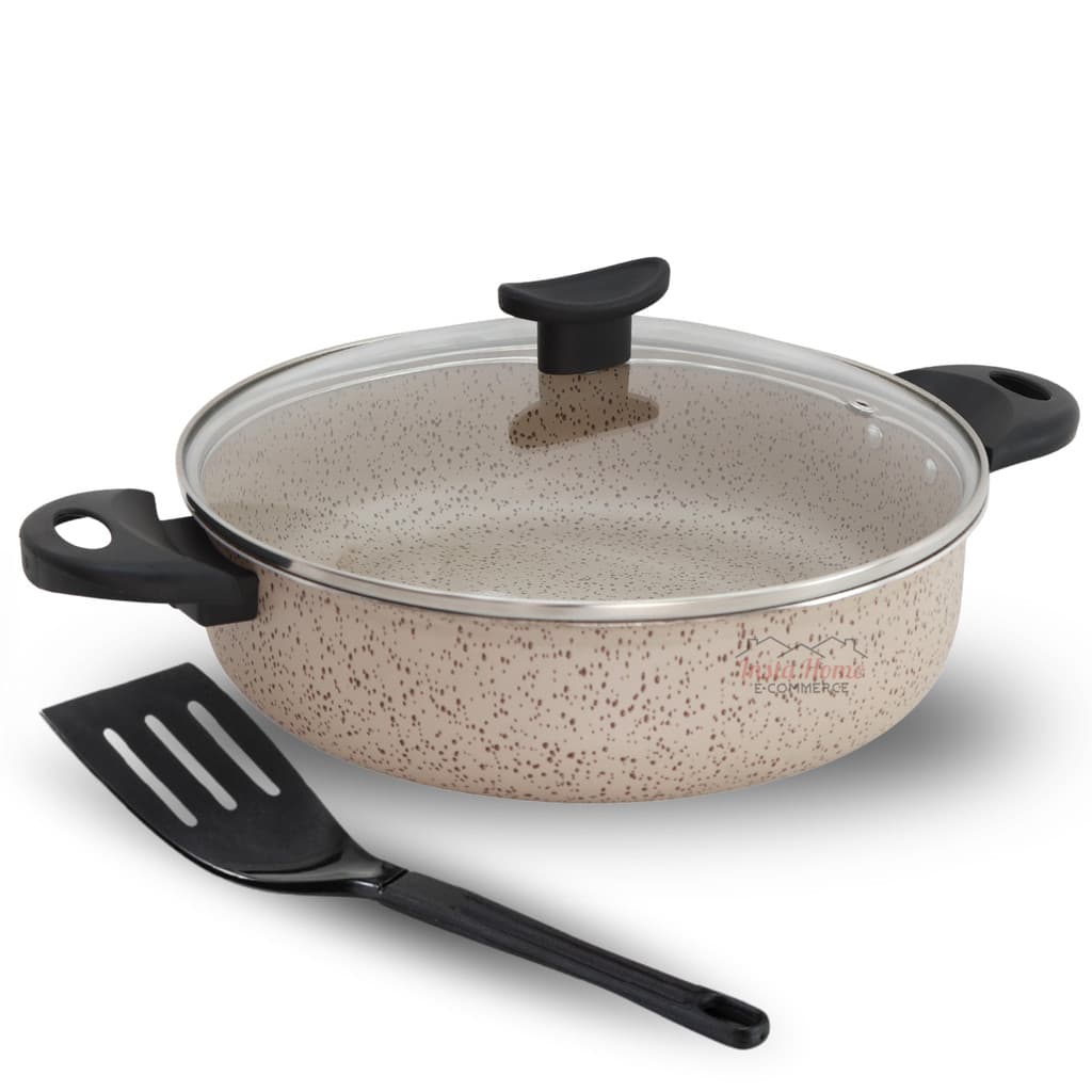 Frigideira 24 Antiaderente Teflon Creme Grande Tipo Wok com 2 alças Alta Com Tampa De Vidro e utensilio
