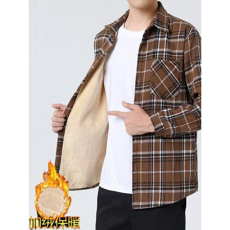 Novo estilo camisa quente outono inverno masculino de manga comprida forro de lã camisa engrossado xadrez Casual solto m