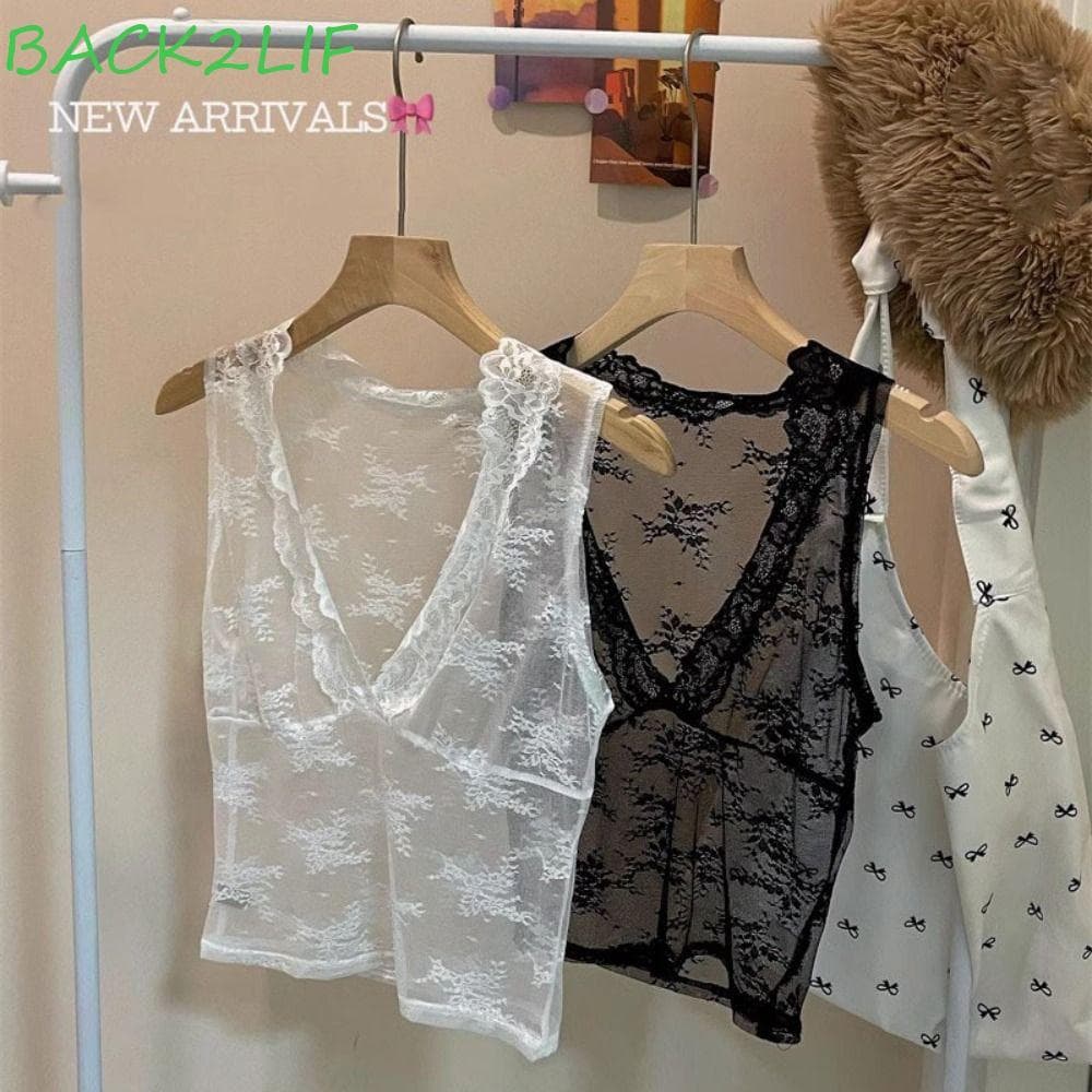 Camisa Base De Renda BACK2LIF , Sem Mangas , Decote Em V , Top Curto Transparente , Colete De Malha Vazado