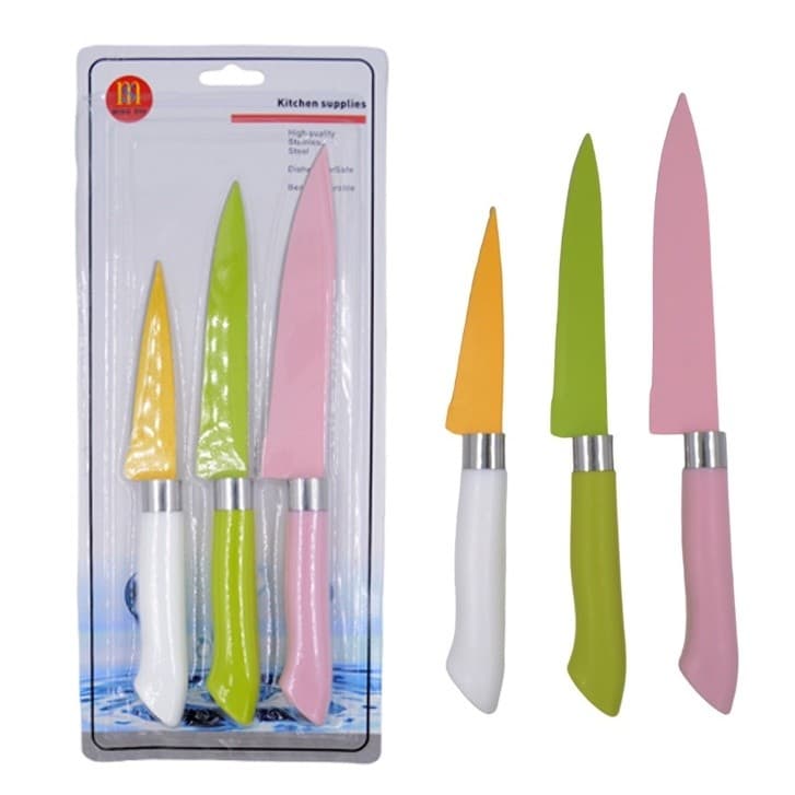 Conjunto Kit 3 Facas De Cozinha Inox Coloridas Para Cortes